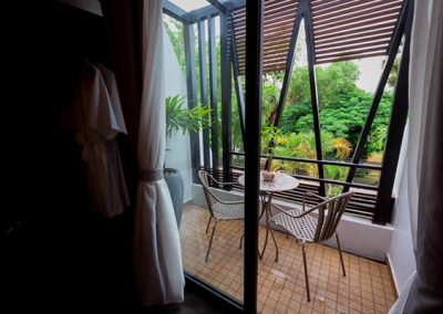 view from room of the Butterfly Pea Captivate Deluxe Double Hotel room personal balcony overlooking Siem Reap River