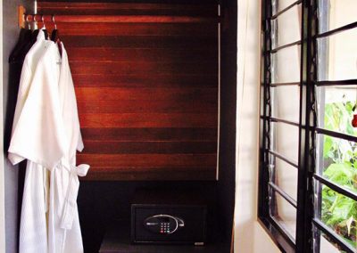 Butterfly Pea hotel room closet space with two hanging bathrobes, a room safe, wooden paneling, and a view of the window